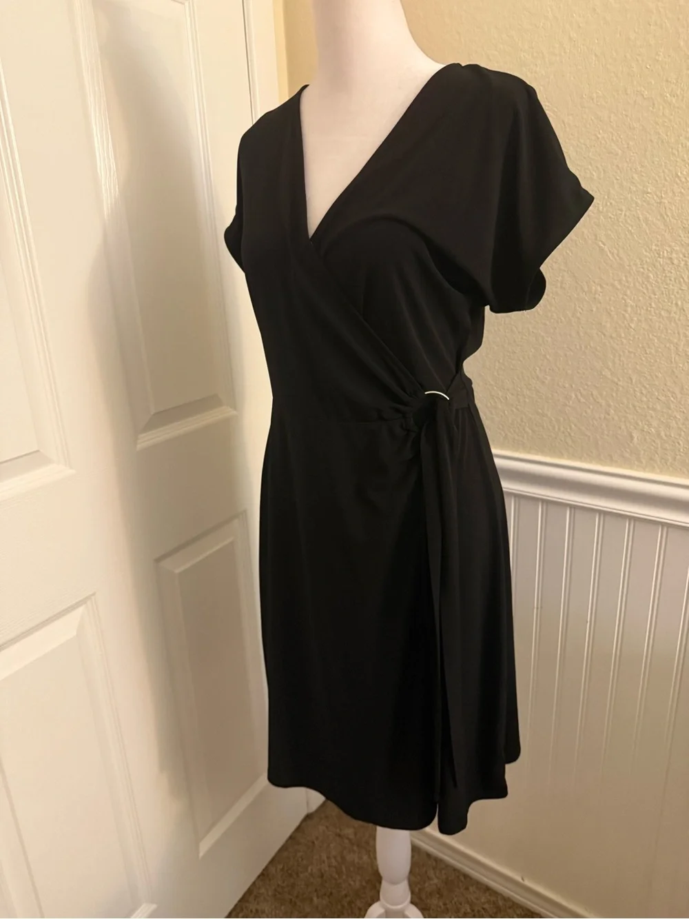 Michael Kors Black Wrap Midi Dress with Ring Detail